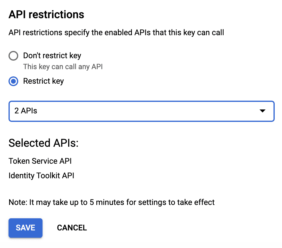 API restrictions section
